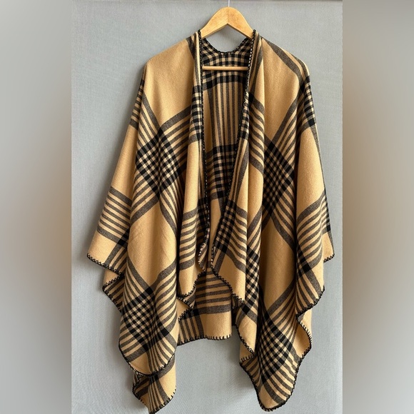 None Sweaters - Camel Plaid Blanket Cape Poncho – Open Front Fall/Winter Wrap • One Size (NWOT)